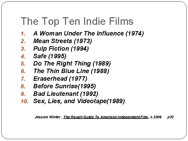 The Top Ten Indie Films 1. 2. 3. 4. 5. 6. 7. 8. 9.