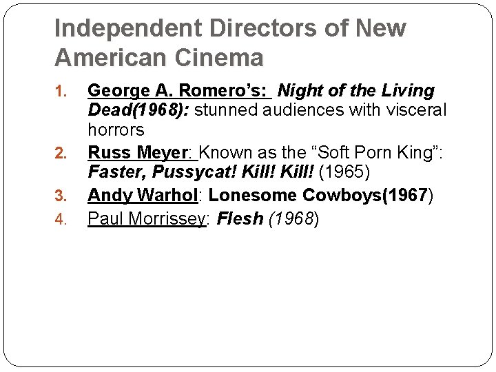 Independent Directors of New American Cinema 1. 2. 3. 4. George A. Romero’s: Night