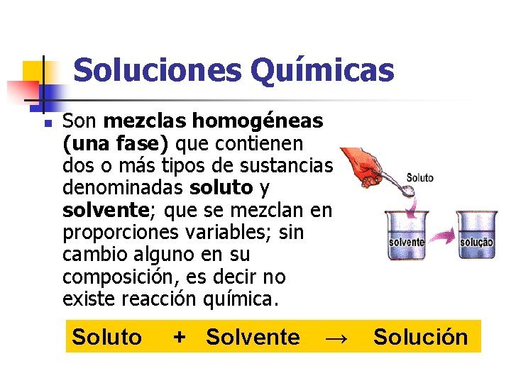 Soluciones Químicas n Son mezclas homogéneas (una fase) que contienen dos o más tipos