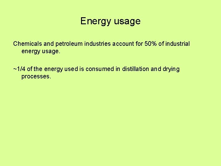 Energy usage Chemicals and petroleum industries account for 50% of industrial energy usage. ~1/4