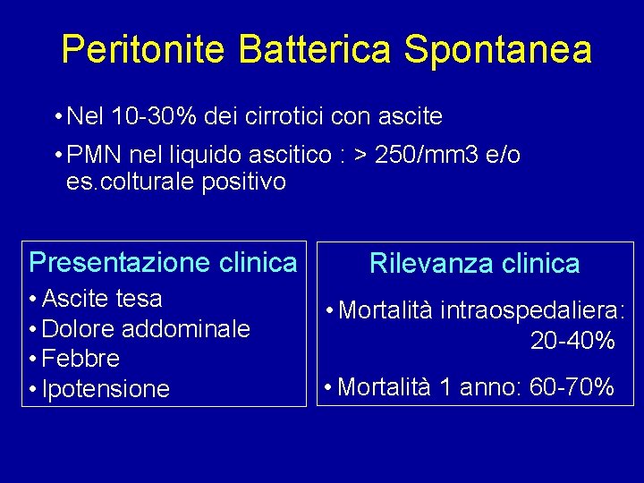 Peritonite Batterica Spontanea • Nel 10 -30% dei cirrotici con ascite • PMN nel