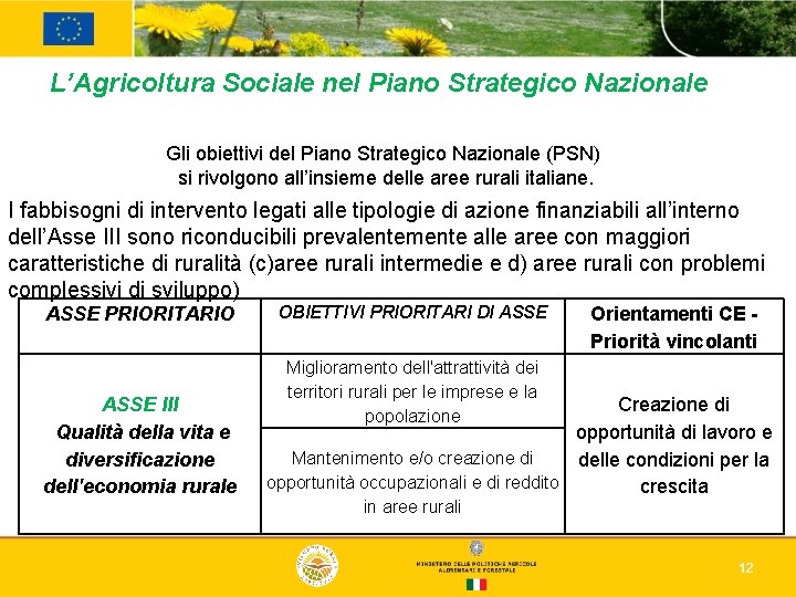 L’Agricoltura Sociale nel Piano Strategico Nazionale Gli obiettivi del Piano Strategico Nazionale (PSN) si