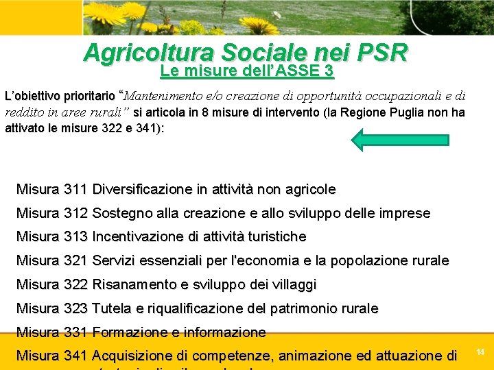 Agricoltura Sociale nei PSR Le misure dell’ASSE 3 L’obiettivo prioritario “Mantenimento e/o creazione di