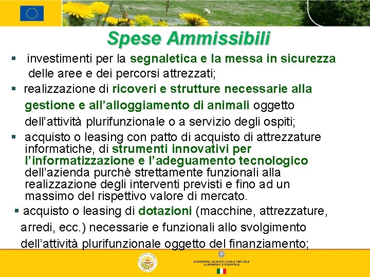 Spese Ammissibili § investimenti per la segnaletica e la messa in sicurezza delle aree