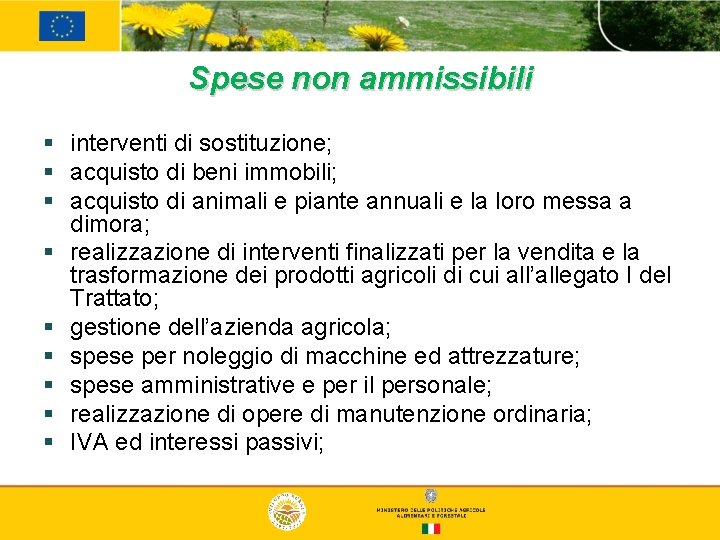 Spese non ammissibili § interventi di sostituzione; § acquisto di beni immobili; § acquisto