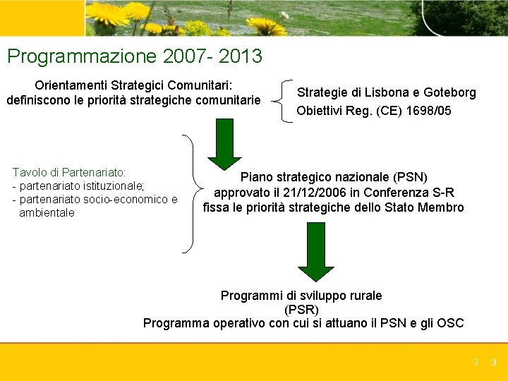 Programmazione 2007 - 2013 Orientamenti Strategici Comunitari: definiscono le priorità strategiche comunitarie Tavolo di