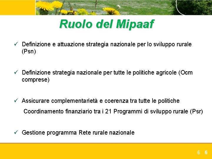 Ruolo del Mipaaf ü Definizione e attuazione strategia nazionale per lo sviluppo rurale (Psn)