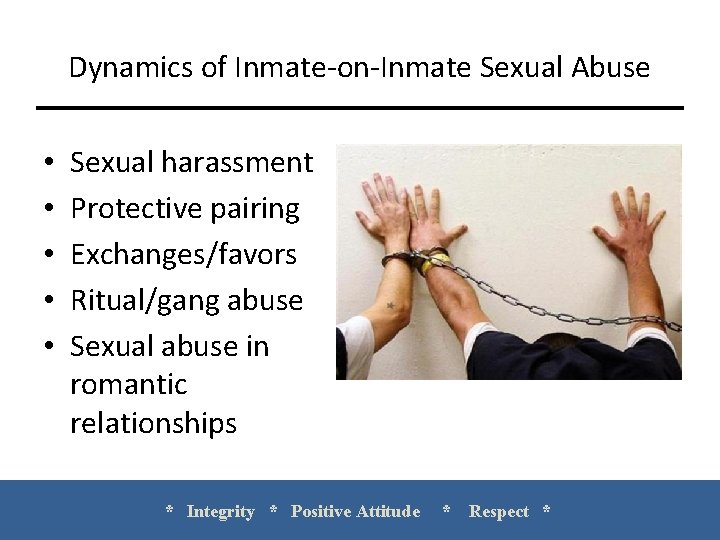 Dynamics of Inmate-on-Inmate Sexual Abuse • • • Sexual harassment Protective pairing Exchanges/favors Ritual/gang