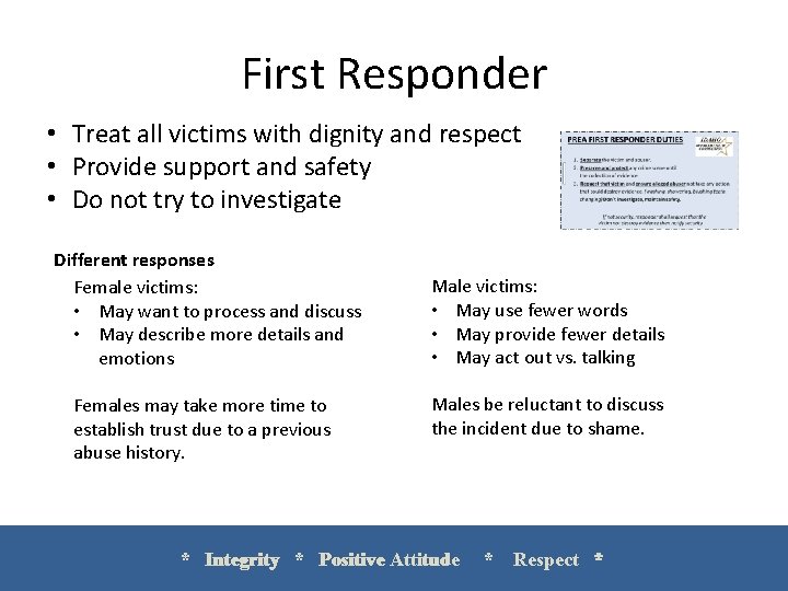 First Responder • Treat all victims with dignity and respect • Provide support and