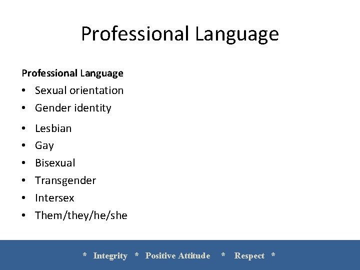 Professional Language • Sexual orientation • Gender identity • • • Lesbian Gay Bisexual