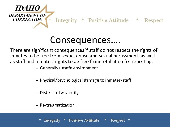 * Integrity * Positive Attitude * Respect * Consequences…. There are significant consequences if