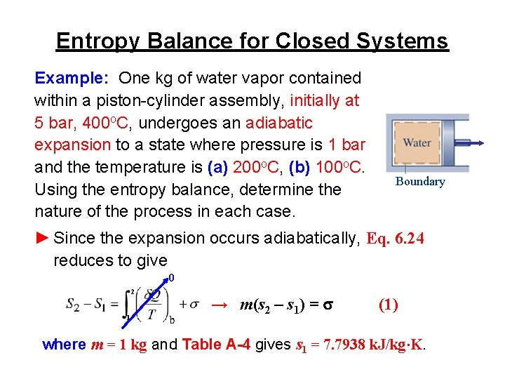 Entropy Balance for Closed Systems Example: One kg of water vapor contained within a