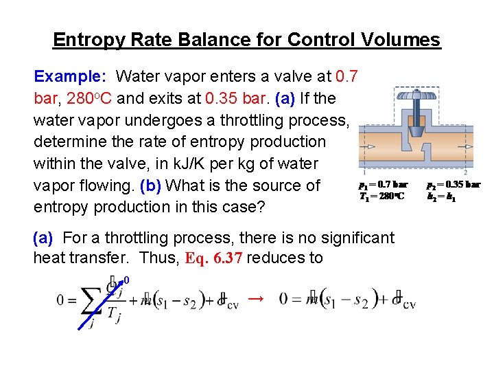 Entropy Rate Balance for Control Volumes Example: Water vapor enters a valve at 0.