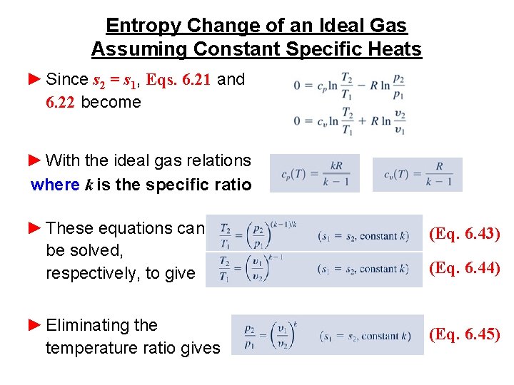 Entropy Change of an Ideal Gas Assuming Constant Specific Heats ► Since s 2