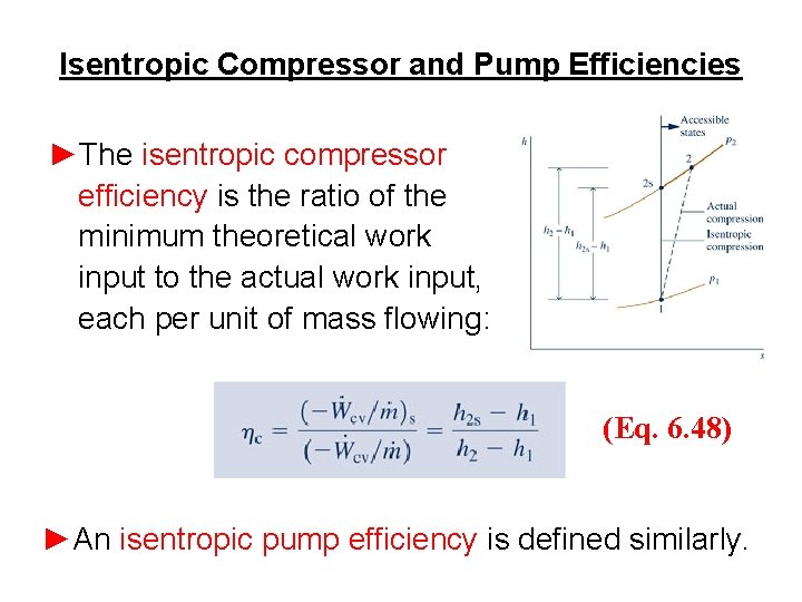 Isentropic Compressor and Pump Efficiencies ►The isentropic compressor efficiency is the ratio of the