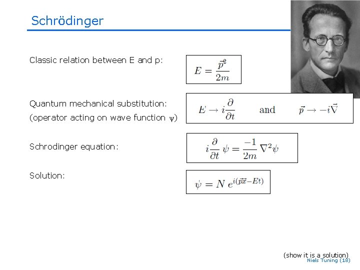 Schrödinger Classic relation between E and p: Quantum mechanical substitution: (operator acting on wave Schrödinger Classic relation between E and p: Quantum mechanical substitution: (operator acting on wave