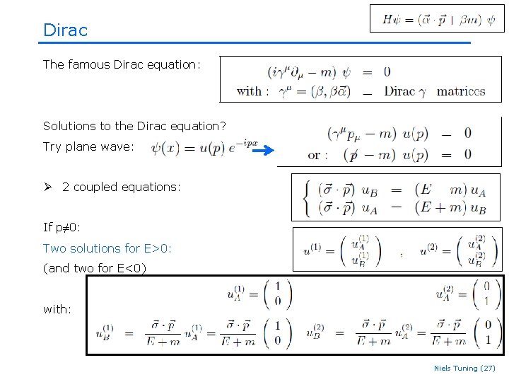 Dirac The famous Dirac equation: Solutions to the Dirac equation? Try plane wave: Ø Dirac The famous Dirac equation: Solutions to the Dirac equation? Try plane wave: Ø