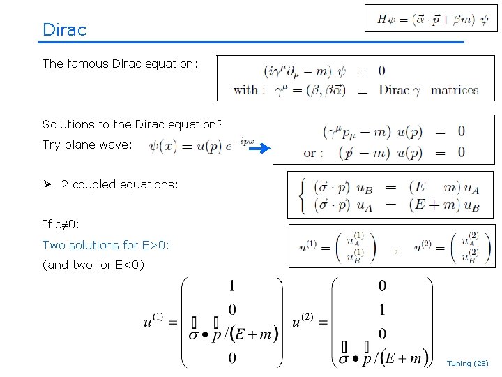 Dirac The famous Dirac equation: Solutions to the Dirac equation? Try plane wave: Ø Dirac The famous Dirac equation: Solutions to the Dirac equation? Try plane wave: Ø