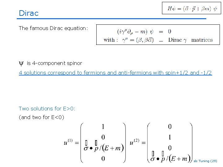 Dirac The famous Dirac equation: ψ is 4 -component spinor 4 solutions correspond to Dirac The famous Dirac equation: ψ is 4 -component spinor 4 solutions correspond to