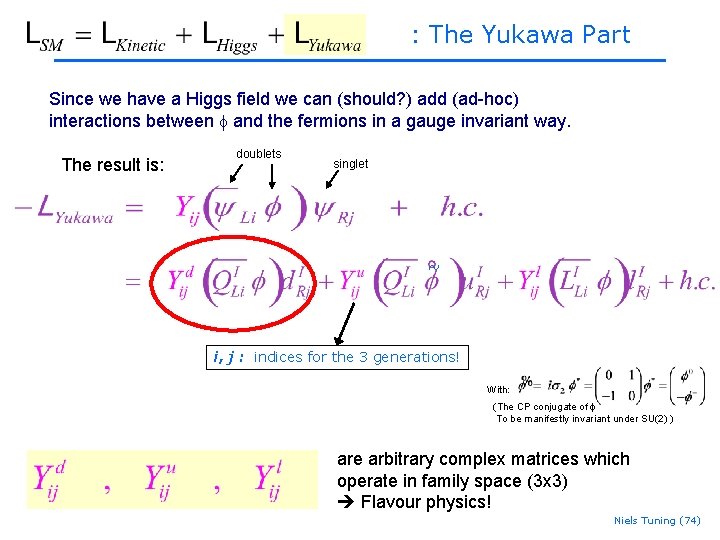 : The Yukawa Part Since we have a Higgs field we can (should? ) : The Yukawa Part Since we have a Higgs field we can (should? )