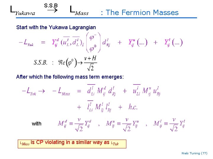 S. S. B : The Fermion Masses Start with the Yukawa Lagrangian After which S. S. B : The Fermion Masses Start with the Yukawa Lagrangian After which
