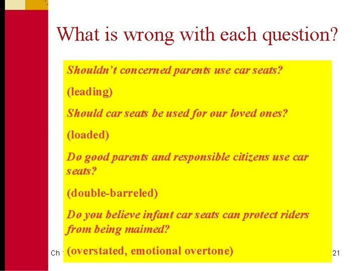 What is wrong with each question? Shouldn’t concerned parents use car seats? (leading) Should