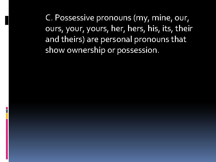 C. Possessive pronouns (my, mine, ours, yours, hers, his, its, their and theirs) are