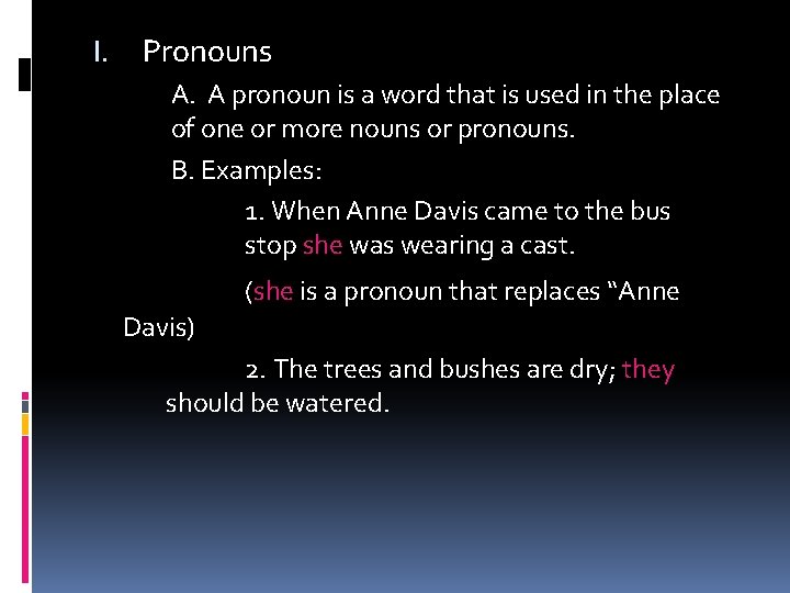 I. Pronouns A. A pronoun is a word that is used in the place