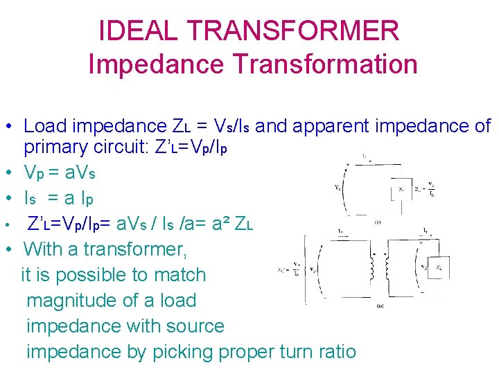 IDEAL TRANSFORMER Impedance Transformation • Load impedance ZL = Vs/Is and apparent impedance of