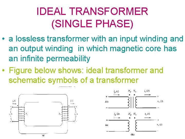 IDEAL TRANSFORMER (SINGLE PHASE) • a lossless transformer with an input winding and an
