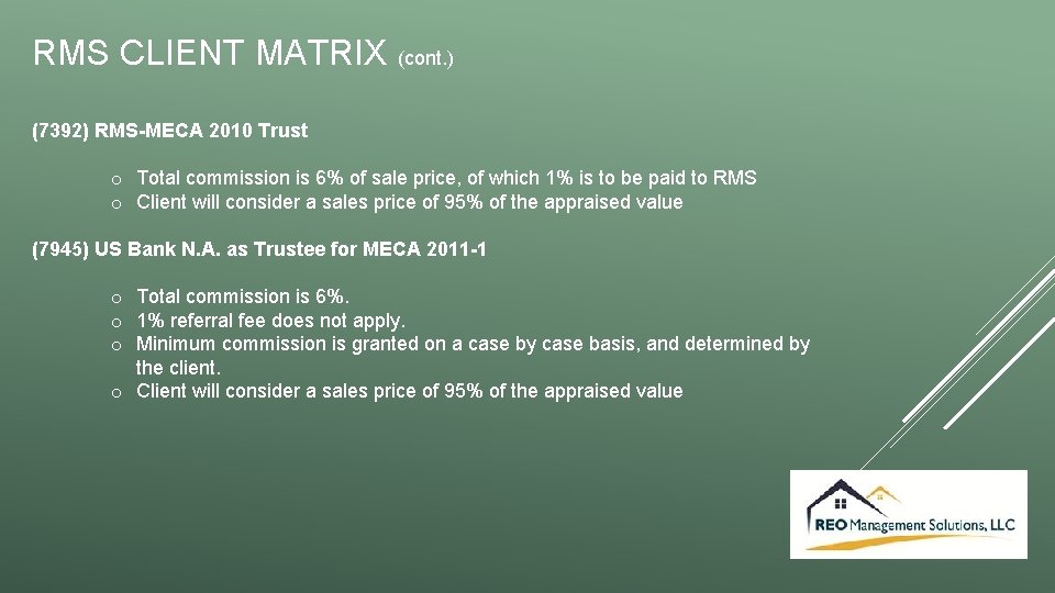 RMS CLIENT MATRIX (cont. ) (7392) RMS-MECA 2010 Trust o Total commission is 6%