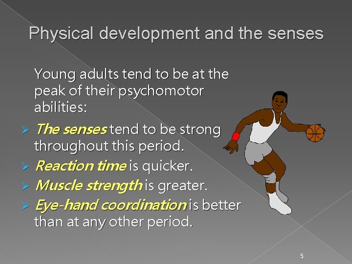 Physical development and the senses Young adults tend to be at the peak of