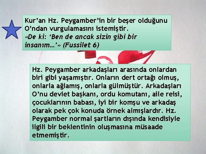 Kur’an Hz. Peygamber’in bir beşer olduğunu O’ndan vurgulamasını istemiştir. «De ki: ‘Ben de ancak