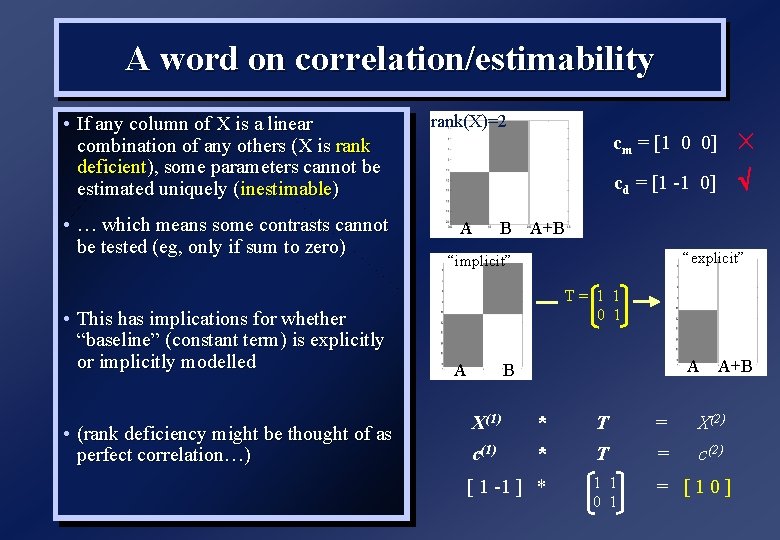 A word on correlation/estimability • If any column of X is a linear combination