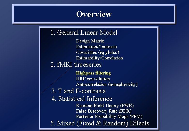 Overview 1. General Linear Model Design Matrix Estimation/Contrasts Covariates (eg global) Estimability/Correlation 2. f.