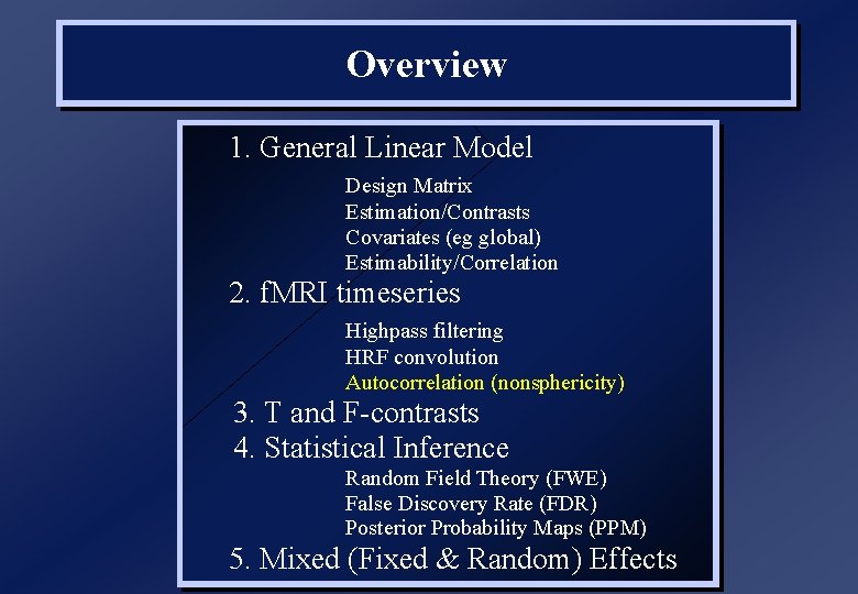 Overview 1. General Linear Model Design Matrix Estimation/Contrasts Covariates (eg global) Estimability/Correlation 2. f.