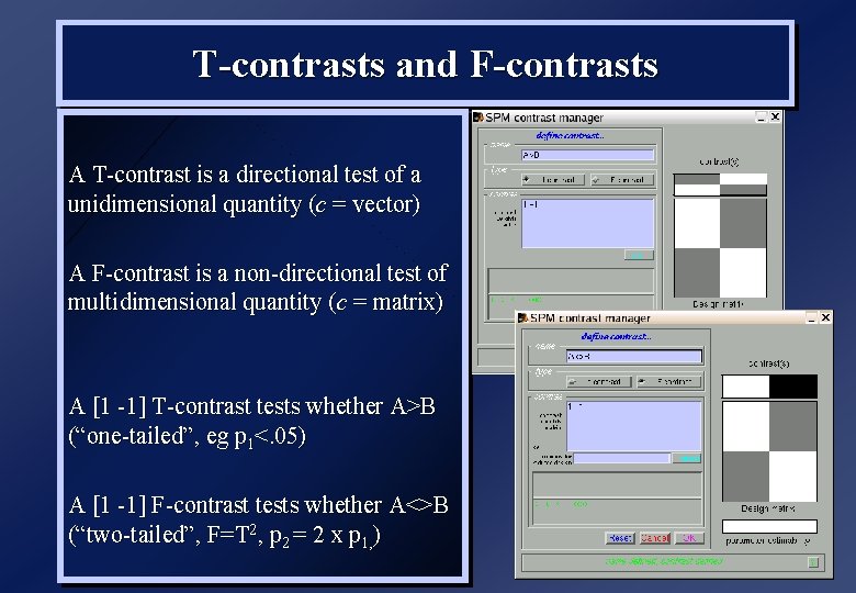 T-contrasts and F-contrasts A T-contrast is a directional test of a unidimensional quantity (c