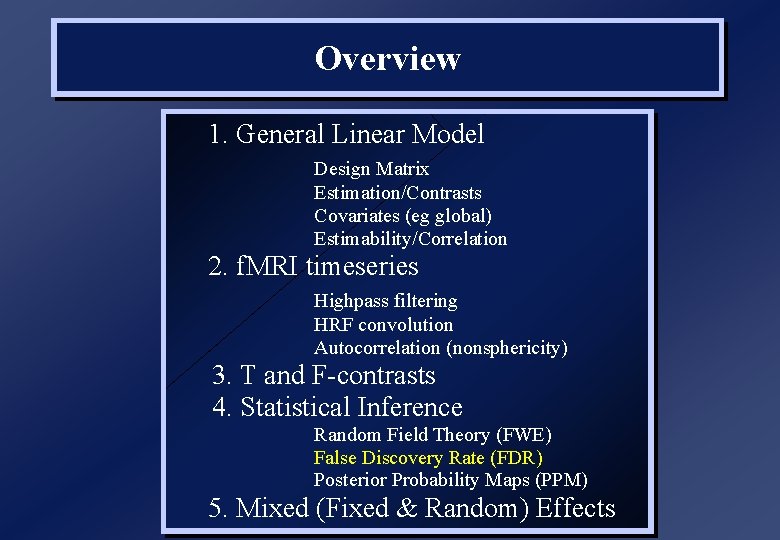 Overview 1. General Linear Model Design Matrix Estimation/Contrasts Covariates (eg global) Estimability/Correlation 2. f.