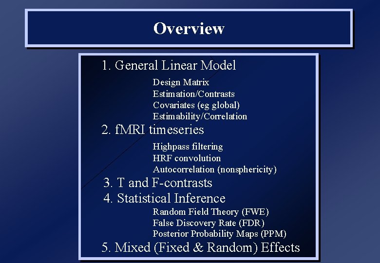 Overview 1. General Linear Model Design Matrix Estimation/Contrasts Covariates (eg global) Estimability/Correlation 2. f.