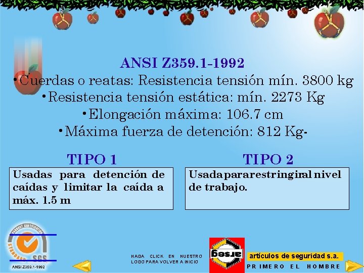 ANSI Z 359. 1 -1992 • Cuerdas o reatas: Resistencia tensión mín. 3800 kg