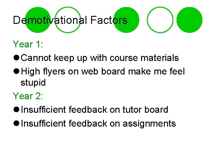 Demotivational Factors Year 1: l Cannot keep up with course materials l High flyers