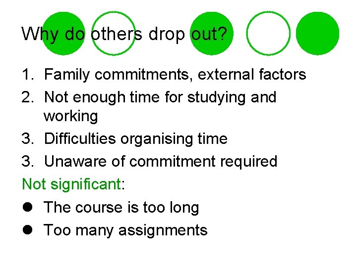 Why do others drop out? 1. Family commitments, external factors 2. Not enough time