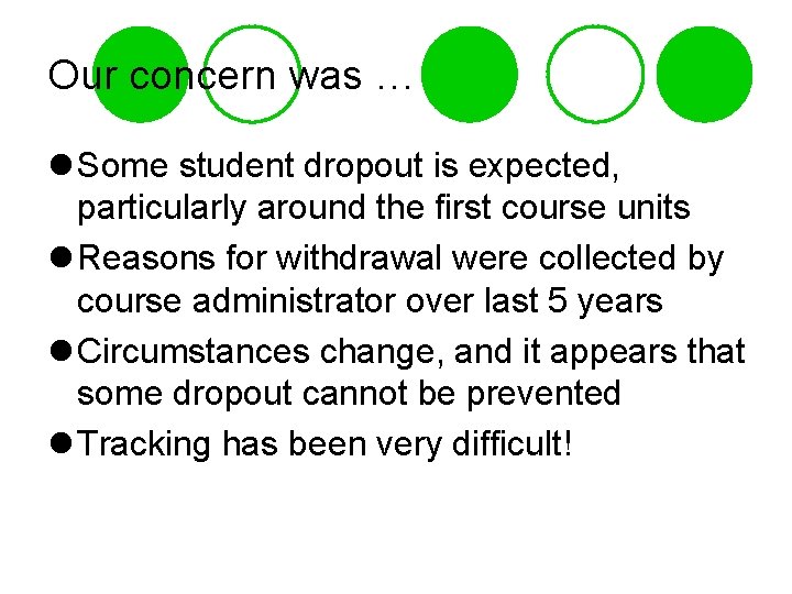 Our concern was … l Some student dropout is expected, particularly around the first