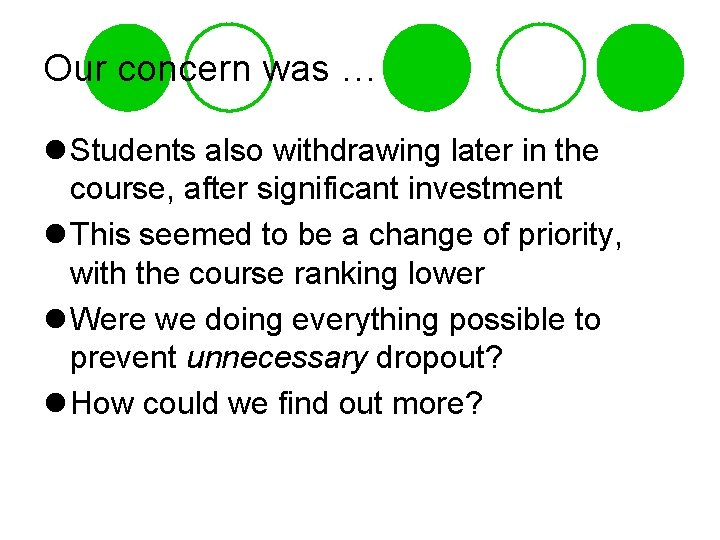 Our concern was … l Students also withdrawing later in the course, after significant