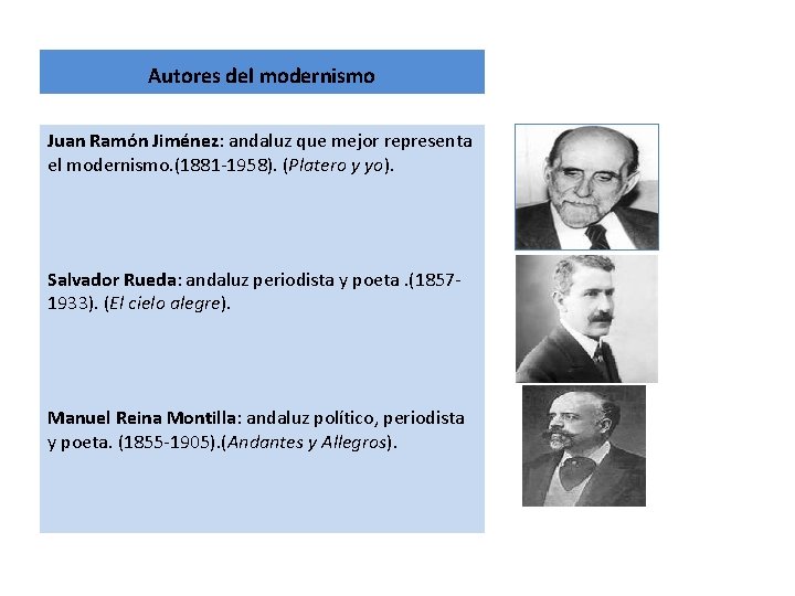 Autores del modernismo Juan Ramón Jiménez: andaluz que mejor representa el modernismo. (1881 -1958).