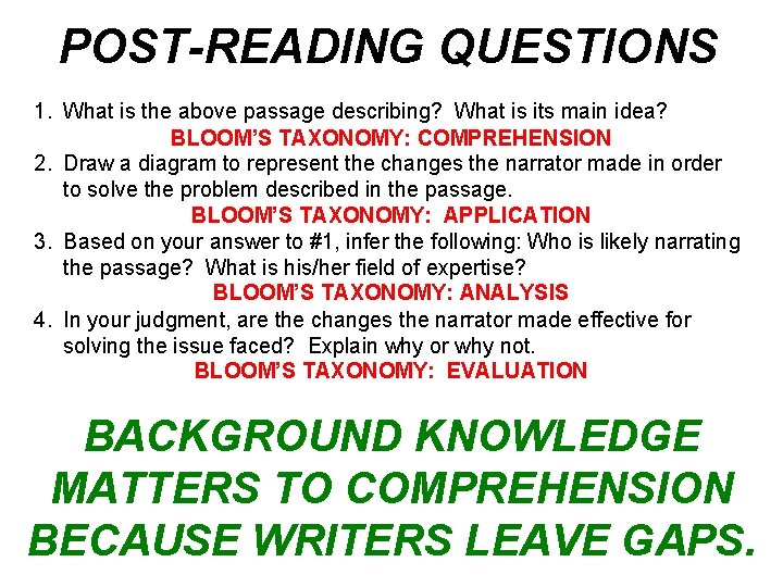 POST-READING QUESTIONS 1. What is the above passage describing? What is its main idea?