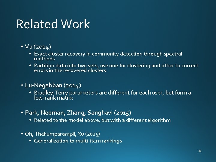 Related Work • Vu (2014) • Exact cluster recovery in community detection through spectral