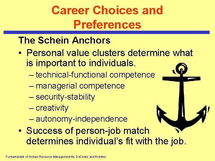 Career Choices and Preferences The Schein Anchors • Personal value clusters determine what is