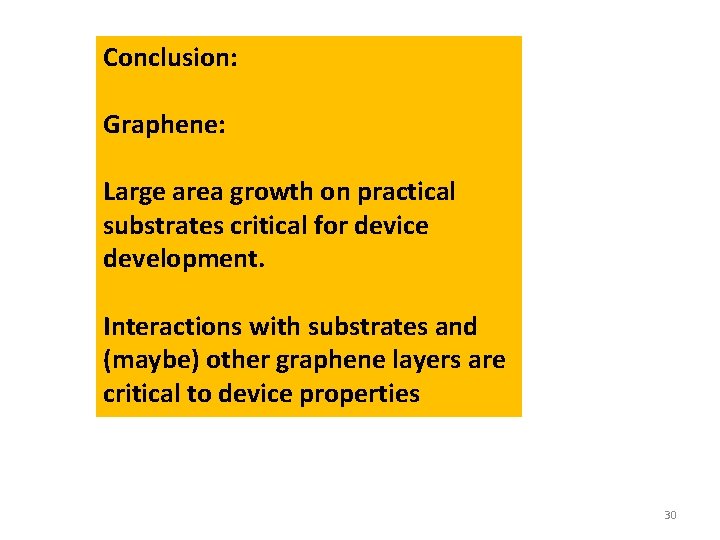 Conclusion: Graphene: Large area growth on practical substrates critical for device development. Interactions with