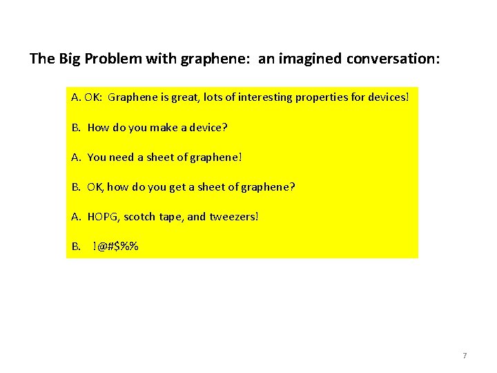 The Big Problem with graphene: an imagined conversation: A. OK: Graphene is great, lots
